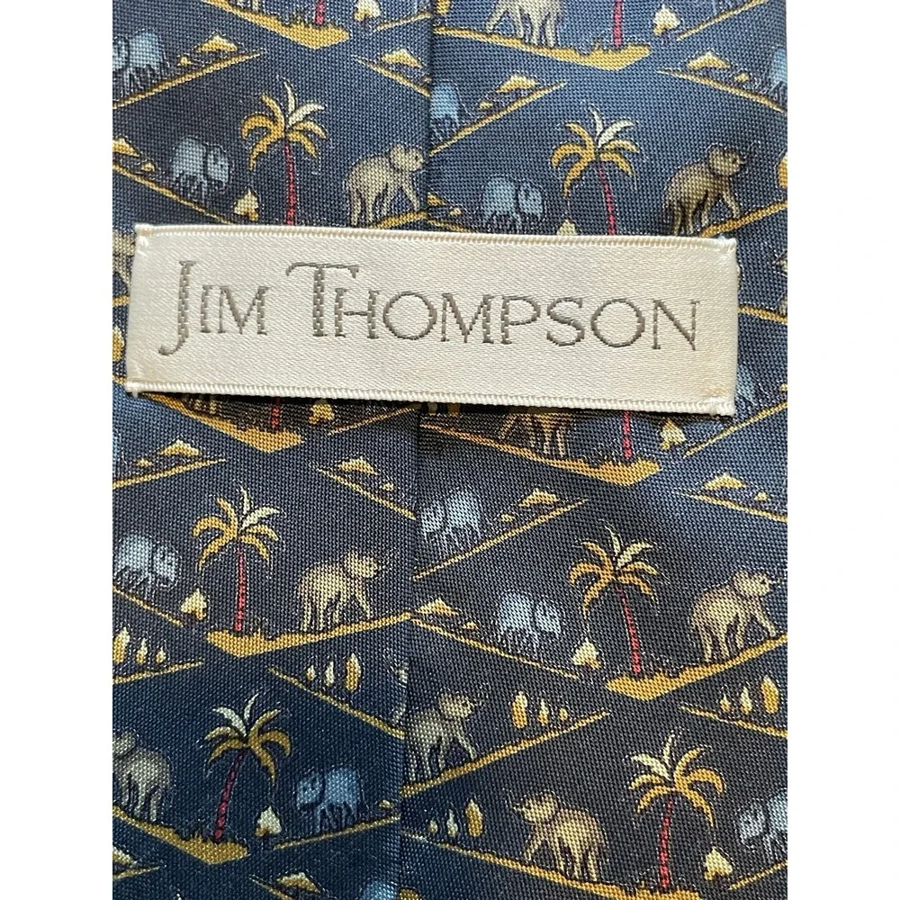 Jim Thompson Silk‎ Mens Tie Elephants Palm Trees Blue Thailand 3.5